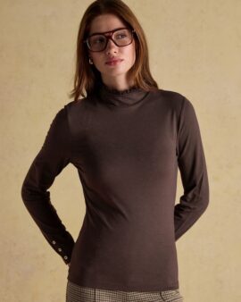 JOULES AMY CHOCOLATE BROWN HIGH NECK FRILL TOP