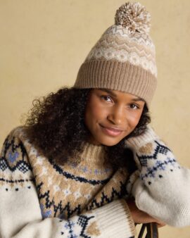 JOULES KARA FAIRISLE BOBBLE BEANIE HAT -NEUTRAL