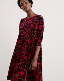 SEASALT MAHONIA VELVET SHIFT  DRESS- FOLKY FLOWERS ONYX CARMINE