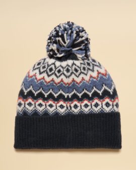 JOULES KARA NAVY FAIR ISLE BOBBLE BEANIE  HAT
