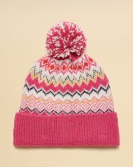 JOULES KARA PINK FAIR ISLE BOBBLE BEANIE HAT
