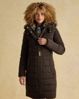 JOULES ASPEN BROWN SHOWERPROOF LONGLINE PADDED COAT WITH FAUX FUR HOOD