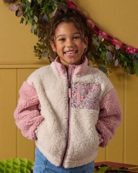 JOULES GIRLS TILLY PINK COLOURBLOCK ZIP THROUGH FLEECE