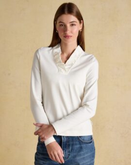 JOULES HEIDI CREAM FRILL NECK JERSEY FITTED TOP