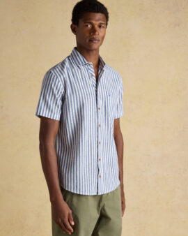 JOULES LINEN BLEND BLUE STRIPE SHORT SLEEVE SHIRT