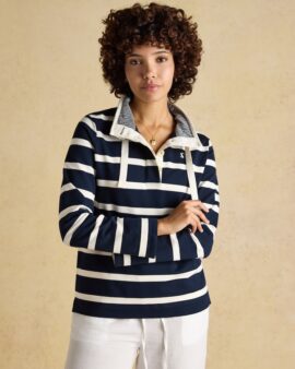 JOULES SAUNTON NAVY AND CREAM STRIPED COTTON SWEATSHIRT WITH BUTTON FUNNEL NECK