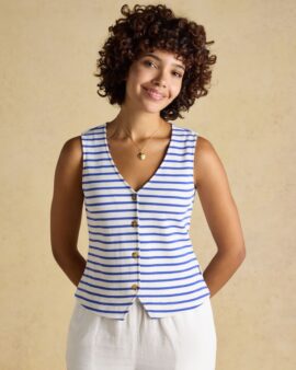 JOULES PREMIUM RIBBED BLUE STRIPED JERSEY COTTON V-NECK WAISTCOAT