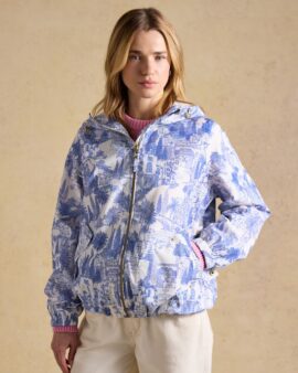 JOULES RAINLY CREAM AND BLUE WATERPROOF PACKABLE RAINCOAT WITH HOOD