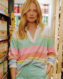 JOULES TALLIE MULTI STRIPE COMBED COTTON COLLARED  JERSEY TOP