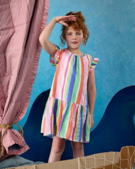 JOULES LAURA MULTI STRIPE WOVEN SLEEVLESS MIDI TIERED DRESS
