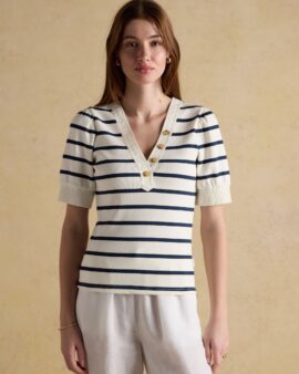 JOULES TABITHA NAVY STRIPED V-NECK JERSEY TOP WITH PUFF SLEEVE