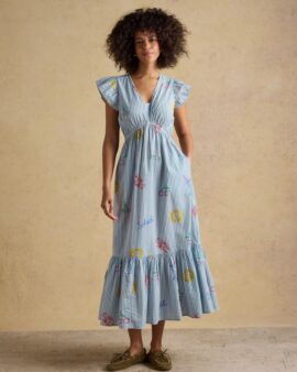 JOULES WINNIE BLUE/WHITE ICON FRILL SLEEVE MAXI DRESS