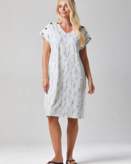 ALICE COLLINS BUTTON CENTRAL PRINT DRESS - WHITE / RICH NAVY
