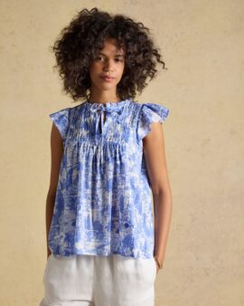 JOULES NOLAN BLUE TOILE SLEEVELESS TIE NECK BLOUSE