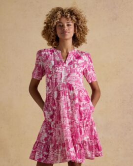 JOULES ARIELLA PINK TOILE COTTON TIERED KNEE LENGTH DRESS