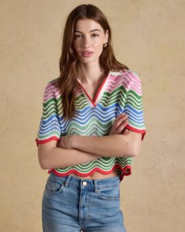 JOULES SANDY MULTI COTTON WAVE KNIT COLLARD     KNIT TOP