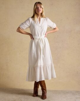 JOULES SUSANNA CHALK WHITE SHORT SLEEVE BRODERIE DRESS