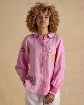 JOULES ORLA PINK EMBROIDERED ICONS PURE LINENSHIRT