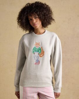 JOULES GREY MARL JONTY FOX EMBROIDERED COTTON CREW NECK SWEATSHIRT
