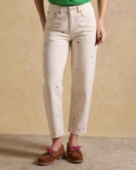 JOULES CREAM EMBROIDERED HIGH WAISTED BARREL FIT JEAN
