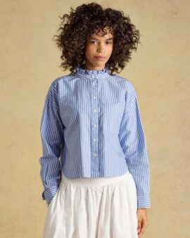 JOULES BLUE AND WHITE STRIPED CROPPED OXFORD SHIRT