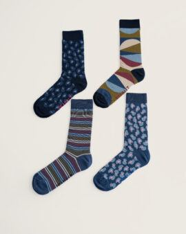 SEASALT GIFT BOX  OF 4 MENS ARTY SOCKS BLUES - RIVERSCAPE MIX