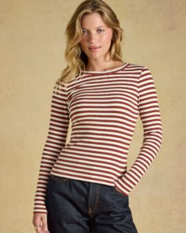 JOULES SOPHIE CREME RUSSET STRIPED LONG SLEEVE RIBBED T-SHIRT