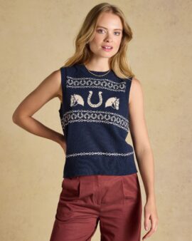 JOULES HORSE ICON NAVY TANK COTTON BLEND CREW NECK VEST TOP